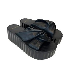 Tory Burch Black Leather Eva Sole Knotted Scallop Platform Wedge Sandals 8